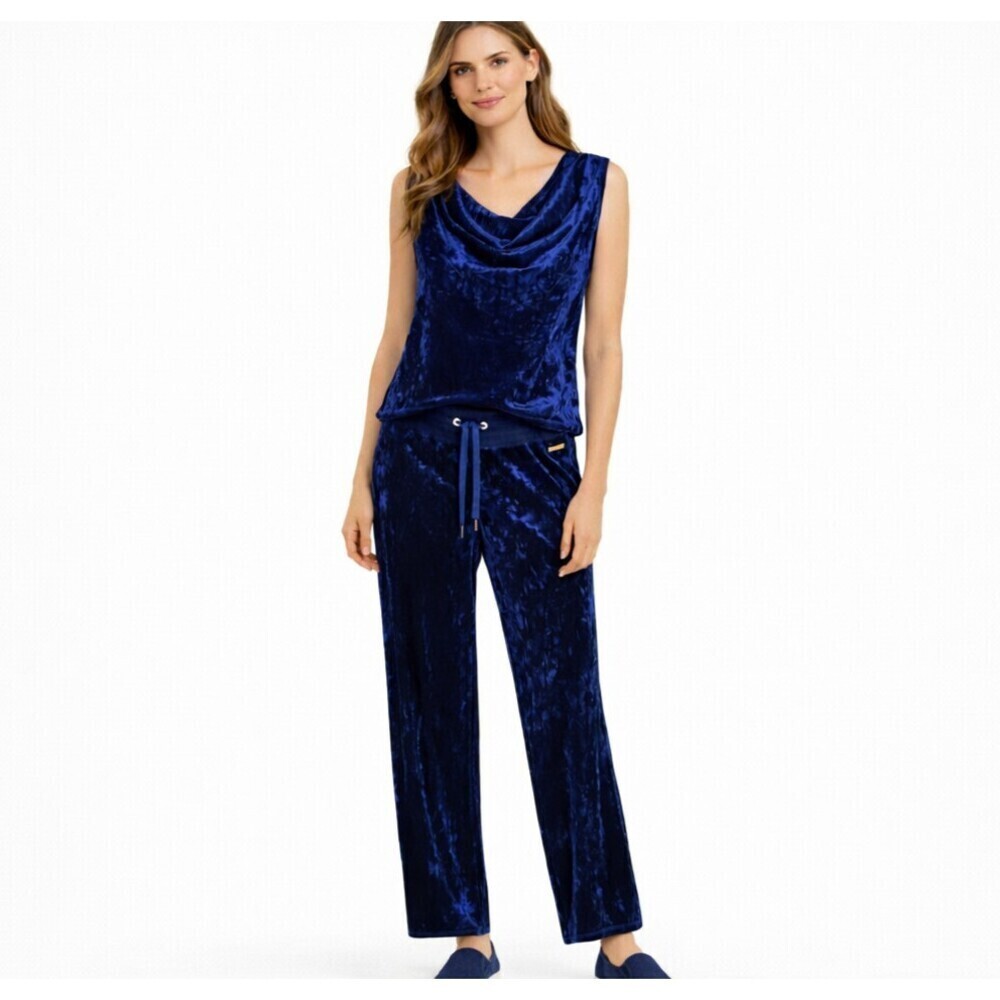 Calvin Klein Navy Blue Crushed Velvet Top Pants Set Size L Stretch Lounge Chic